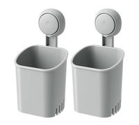 LEVERLOC Toothbrush Holder Wall Mounted 2pcs, Strong Suction Grey Plastic | Tool-free 1s install, 3 kg, hollow drains for drying, removable via credit card, reusable for rentals, for tile/glass/mirror
