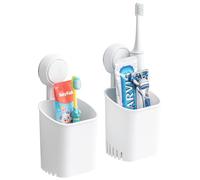 LEVERLOC Toothbrush Holder Wall Mounted 2pcs, Strong Suction White Plastic | Tool-free 1s install, 3 kg, hollow drains for drying, removable via credit card, reusable for rentals, for tile/glass/mirror