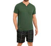 Leversic Mens Short Pyjamas Plaid Pjs Set 2 Pieces Summer Shortie For Men Short Sleeve Pyjama Tops and Pj Bottoms Sleepwear S-3XL(Split Neck-Green,3XL)