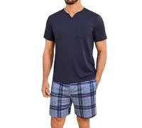 Leversic Mens Short Pyjamas Plaid Pjs Set 2 Pieces Summer Shortie For Men Short Sleeve Pyjama Tops and Pj Bottoms Sleepwear S-3XL(Split Neck-Navy Blue,XXL)