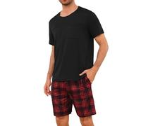 Leversic Mens Short Pyjamas Plaid Pjs Set 2 Pieces Summer Sleepwear Set For Men Short Sleeve Pyjama Tops and Pj Bottoms Sleepwear Black,XXL