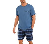 Leversic Mens Short Pyjamas Plaid Pjs Set 2 Pieces Summer Sleepwear Set For Men Short Sleeve Pyjama Tops and Pj Bottoms Sleepwear Grey Blue,XXL
