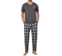 Leversic Men's Short Sleeve Pyjamas V-Neck T-Shirt Pjs Top and Long Plaid Sleep Pants Soft Comfortable Loungewear Set for Sleeping or Lounging at Home S-3XL(Grey,XL)