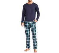 Leversic Mens Winter Pyjamas 2 Pieces Pyjama Set Henley Shirt Long Sleeve Top With Plaid Pajama Pants S-3XL(Navy Blue,XXL)
