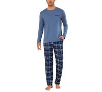 Leversic Mens Winter Pyjamas Long Sleeve Plaid Pjs 2 Pieces Cotton Long Pajama Set for Men Round Neck Sleepwear S-3XL(Blue,3XL)