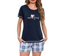 Leversic Summer Pyjama for Women Plaid Shortie Pajamas 2 Pieces Short Sleeve Pyjama Top With Plaid Pajama Bottoms Loungewear Set(Navy Blue,S)