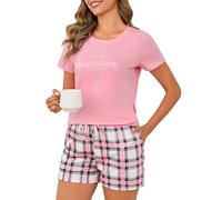 Leversic Summer Pyjama for Women Plaid Shortie Pajamas 2 Pieces Short Sleeve Pyjama Top With Plaid Pajama Bottoms Loungewear Set(Pink,XL)