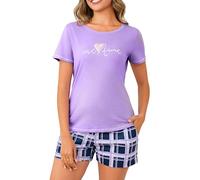 Leversic Summer Pyjama for Women Plaid Shortie Pajamas 2 Pieces Short Sleeve Pyjama Top With Plaid Pajama Bottoms Loungewear Set(Purple,XXL)