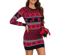 Leversic Women Christmas Jumper Dress Xmas Knitted Winter Sweater Reindeer Snowflake Long Pullover Mini Dress S-XXL(Navy Blue,L)