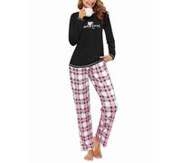 Leversic Women Pyjamas Long Sleeve Plaid Pjs Set Autumn Winter Sleepwear | Soft 2 Pieces Long Pyjama Set, Long Sleeve Plain Pajama Tops With Full Length Checked Plaid Sleep Pants Pyjama Bottom