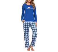 Leversic Women Pyjamas Long Sleeve Plaid Pjs Set Autumn Winter Sleepwear | Soft 2 Pieces Long Pyjama Set, Long Sleeve Plain Pajama Tops With Full Length Checked Plaid Sleep Pants Pyjama Bottom