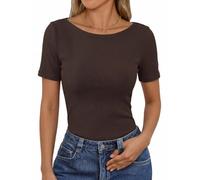 Leversic Womens Basic Tops Boat Neck Short Sleeve Ribbed Slim Fit T-Shirt