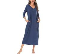 Leversic Women's Long Nightdress 3/4 Sleeve Cotton Long Nightgown Button V Neck Soft Nighties Loose Fit Women’s Dressing Gown With Pockets(Dark Blue,XXL)