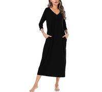 Leversic Women's Long Nightdress 3/4 Sleeve Cotton Long Nightgown Button V Neck Soft Nighties Loose Fit Women’s Dressing Gown With Pockets(Black,L)