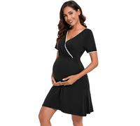 Leversic Womens Maternity Nightgown Short Sleeves Cotton Breastfeeding Nightdress ladies V-Neck Maternity Nightdress Labour gown for Hospital Postpartum Pajamas(Black,XXL)