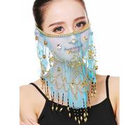 LEVIOC'S Belly dance half face veil costume with gold beaded clover for womens girls arabian egyptian dancing (Cyan)