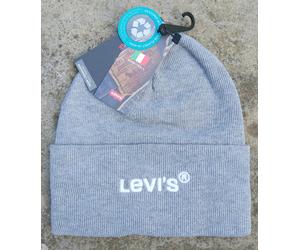 LEVI'S Grey Cuff BEANIE White LOGO Hat Toque UNISEX MADE IN ITALY