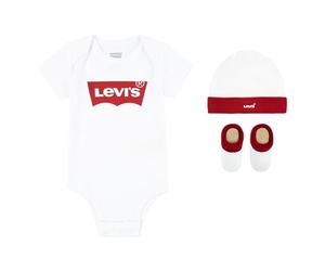 Levi's Kids Classic Batwing Infant Hat Bodysuit Bootie Set 3 Piece Unisex Baby White, 6-12 Months