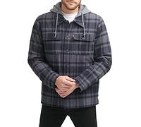 Levi's Men's Cotton Plaid Shirt Jacket with Soft Faux Fur Lining and Jersey Hood, Grey/Navy Plaid, Medium