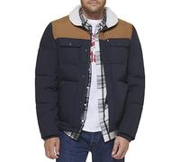 Levi's Men's Mixed Media Quilted Puffer Jacket with Sherpa Lined Collar, New Worker Brown/Navy, Large