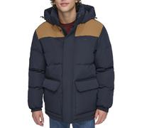 Levi's mens Quilted Puffer Parka Jacket, Navy/Worker Brown, M