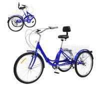 Levkitch 24 Inch Tricycle for Adults 24" wheels 3-Wheel Bike 7 Speed Folding Trike Bicycle Adjustable Seniors Trike Cruise Shopping Bike With Basket (Blue)