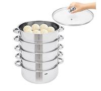 Levkitch 5-Tier Stainless Steel Steamer with Tempered Glass Lid 30cm Steamer Stack 4-Layer Steaming Cookware Food Steamer Pan Stock Pot Work with Gas Solenoid Stoves (30cm)