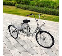 Levkitch Tricycle for Adults 24 Inch 3-Wheel Bike 6 Speed Trike Bicycle V-type Front Brake Trike Cruise Shopping Bike With Basket(Silver)