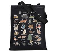 LEVLO Animal Alphabet Canvas Tote Bag - Woodland Themed Gift A-Z Grocery Bag, Woodland Black Tote, L