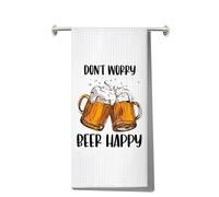 LEVLO Funny Cheers Beer Kitchen Towel BBQ and Beer Lover Gift Don't Worry Beer Happy Oktoberfest Tea Towel Housewarming Gift (Beer Happy Towel)