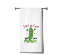 LEVLO Funny Pickle Kitchen Towel Pickle Lover Gift Just a Girl Who Loves Pickles Dish Towel Waffle Weave Pickle Kitchen Decor (Loves Pickles Towel)
