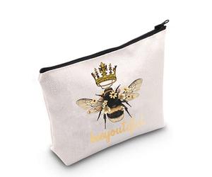 LEVLO Funny Queen Bee Cosmetic Make Up Bag - Boss Lady Crown Alpha Gift - Beeyoutiful Queen Bee Makeup Zipper Pouch
