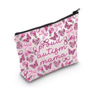 LEVLO Proud Autism Mama Cosmetic Bag Pink Bow Butterfly Makeup Bag Autism Awareness Family Matching Gift, autism mama, Daily
