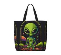 LEVNDIEJ Green Alien Print Tote Bag For Women Large Reusable Grocery Shopping Tote Bags With Zipper For Work Travel
