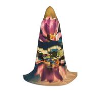 LEVNDIEJ Lotus Flowers Pink Print Hooded Cloak for Women Men Robes Medieval Costume Cape for Halloween Masquerade Cosplay, Black, S