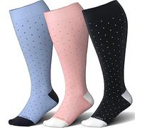 LEVSOX Bamboo Plus Size Compression Socks for Women Men Wide Calf 15-20mmHg Knee High for Pregnancy, Nurse, Travel, 3 Pair-polkadots, 3XL