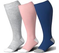 LEVSOX Bamboo Plus Size Compression Socks for Women Men Wide Calf 15-20mmHg Knee High for Pregnancy, Nurse, Travel, 3 Pair-pink/Navy/Grey, X-Large