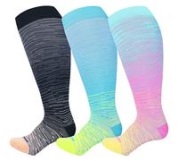 LEVSOX Plus Size Compression Socks for Women Men Wide Calf Extra Large 15-20 mmHg Knee High Support Sock for Nurses Pregnant Travel, 3 Pairs/Tie Dye, M