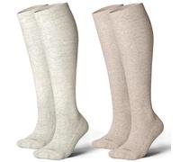 LEVSOX Thick Cotton Compression Socks for Women&Men 20-30mmHg Knee High Cute Support Sock for Nurses, Prenancy, Travel, 2 Pairs-Grey&Beige, M-L