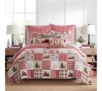 Levtex Home - Home for Christmas Quilt Set - Full/Queen Quilt and Two Standard Shams - Green, Red, Taupe and Cream - Quilt (88x92in.) and Shams (20x26in.) - Reversible - Cotton/Polyester