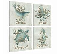 LevvArts 4 Piece Bathroom Wall Art Relax Soak Unwind Breathe Sign Poster Vintage Beach Theme Teal Sea Turtle Seahorse Octopus Dolphin Painting Canvas Print for Home Bedroom