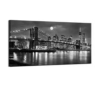 LevvArts - Black and White New York Picture Brooklyn Bridge Canvas Wall Art Full Moon Night Manhattan City Poster Canvas Print Framed Gallery Wrapped Modern Home Office Decoration