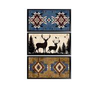 LevvArts Vintage Cabin Wall Art Southwestern Tribal Pattern Pictures Forest Deer Silhouette Painting Native American Design Blue Brown Decorative Art 8"x16"