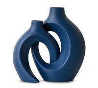 Levvohd Snuggle Hollow Ceramic Vase Set of 2, 8.4 inch Modern Nordic Coastal Shaped Pampas Grass Aesthetic Decorative Table Vases for Home Decor (Matte Navy Blue - M)