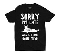 LEVY PAW Personalised 'Sorry I'm Late My Cat Was Sitting On Me' T-Shirt With Name, Funny Shirt for Men and Women, Cat Lover Gifts