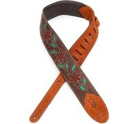 Levy's Flowering Vine Brown Leather Guitar Strap - Red Flowers Green Leaves