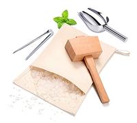 Lewis Bag and Wooden Mallet Crusher, Reusable Canvas Crushed Ice Bags,Wooden Mallet Bar, Steel Ice Scoop and Ice Tongs, for Summer Bartender Kit & Bar Tools Kitchen Accessory
