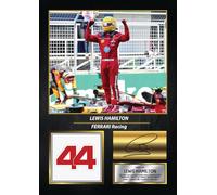 Lewis Hamilton Ferrari Racing Signed Poster Print - Formula One F1 Wall Art - Printed Autograph Motorsport Memorabilia - Racing Fan Bedroom Decor Gift, A4 Poster + Gold Frame