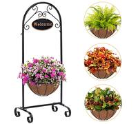 LEWIS&WAYNE 40’’ Tall Metal Welcome Planter Basket Stand with Coco Liner, Outdoor Décor for Porch, Deck, Patio, Landscape