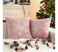 Lewondr 18 x 18 Inches Pack of 2 Christmas Throw Pillow Covers, Embroidery Snowflakes Decorative Velvet Throw Pillow Cases Soft Square Pillow Covers for Living Room Bed Couch Sofa Home Decor, Pink